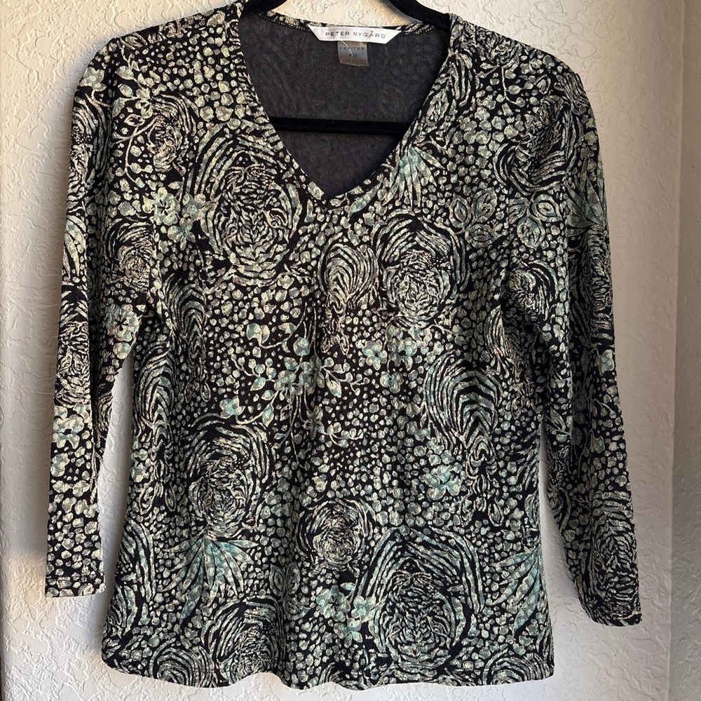 Women PM Y2K 90s Abstract Animal Floral Print Fitted Stretch Mesh Top 3/4 Sleeve